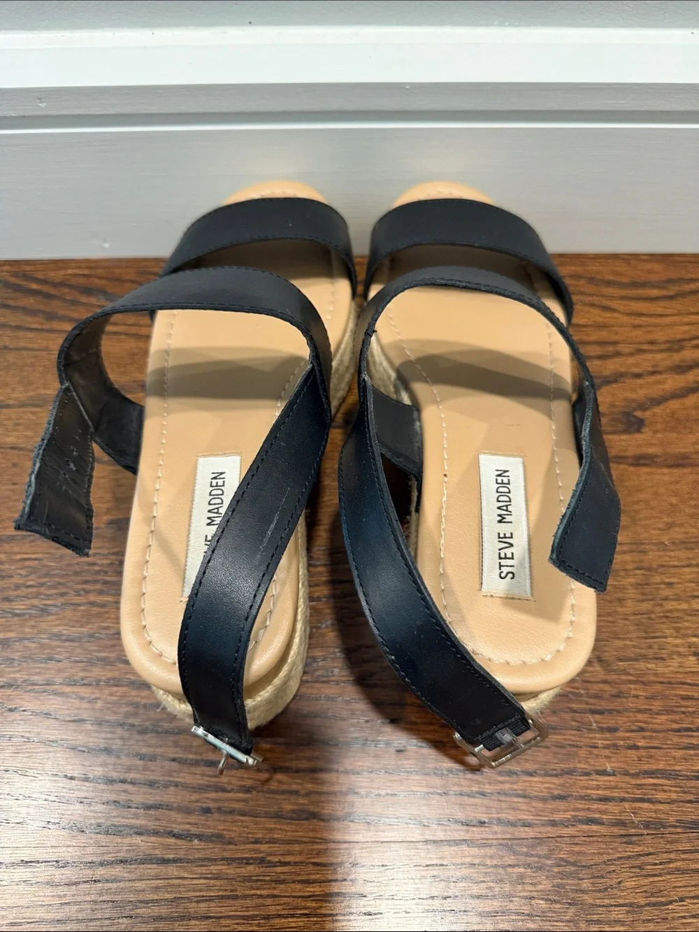 Steve Madden Black and Tan Espadrille Platform Sandals